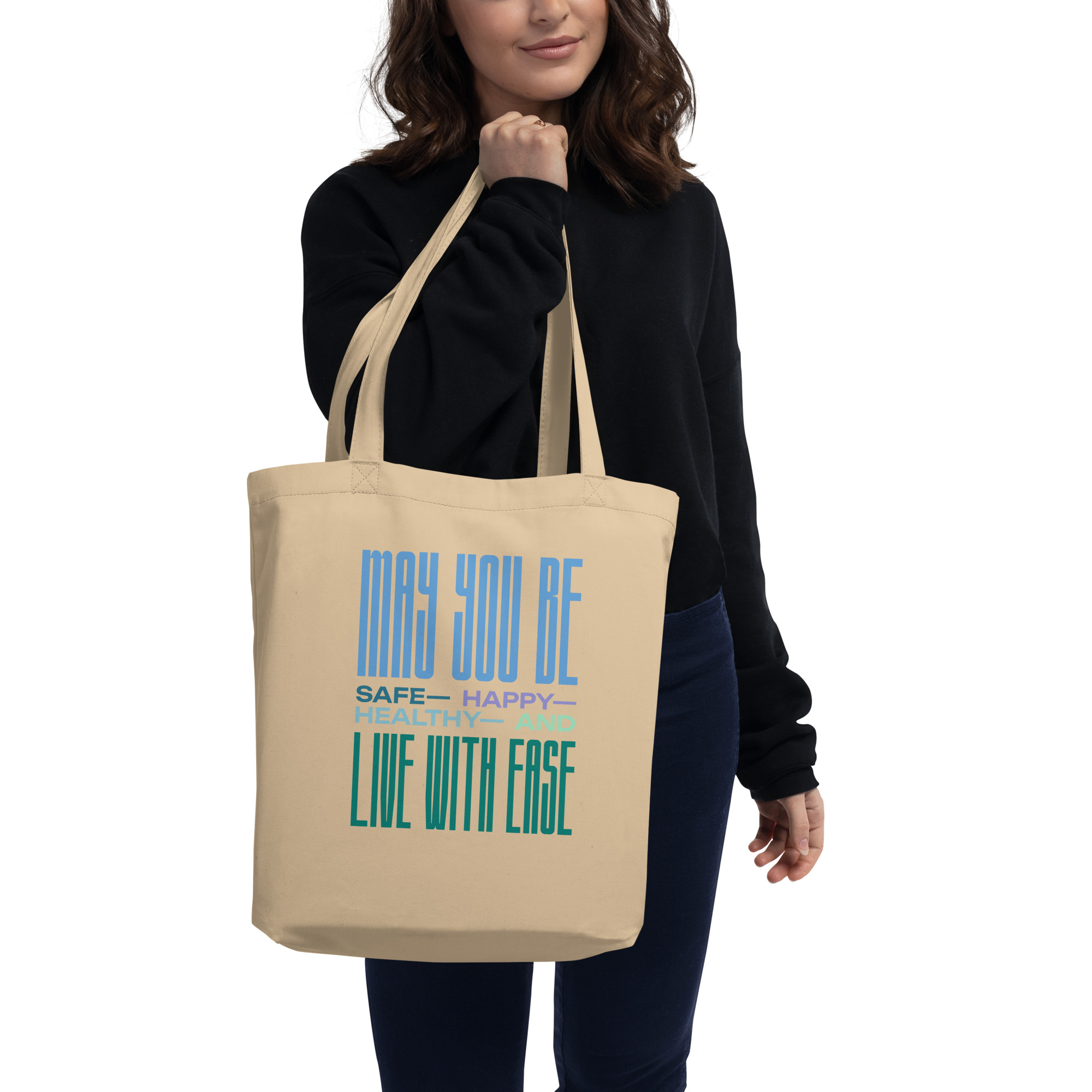 tote bag – “may you be” in blues